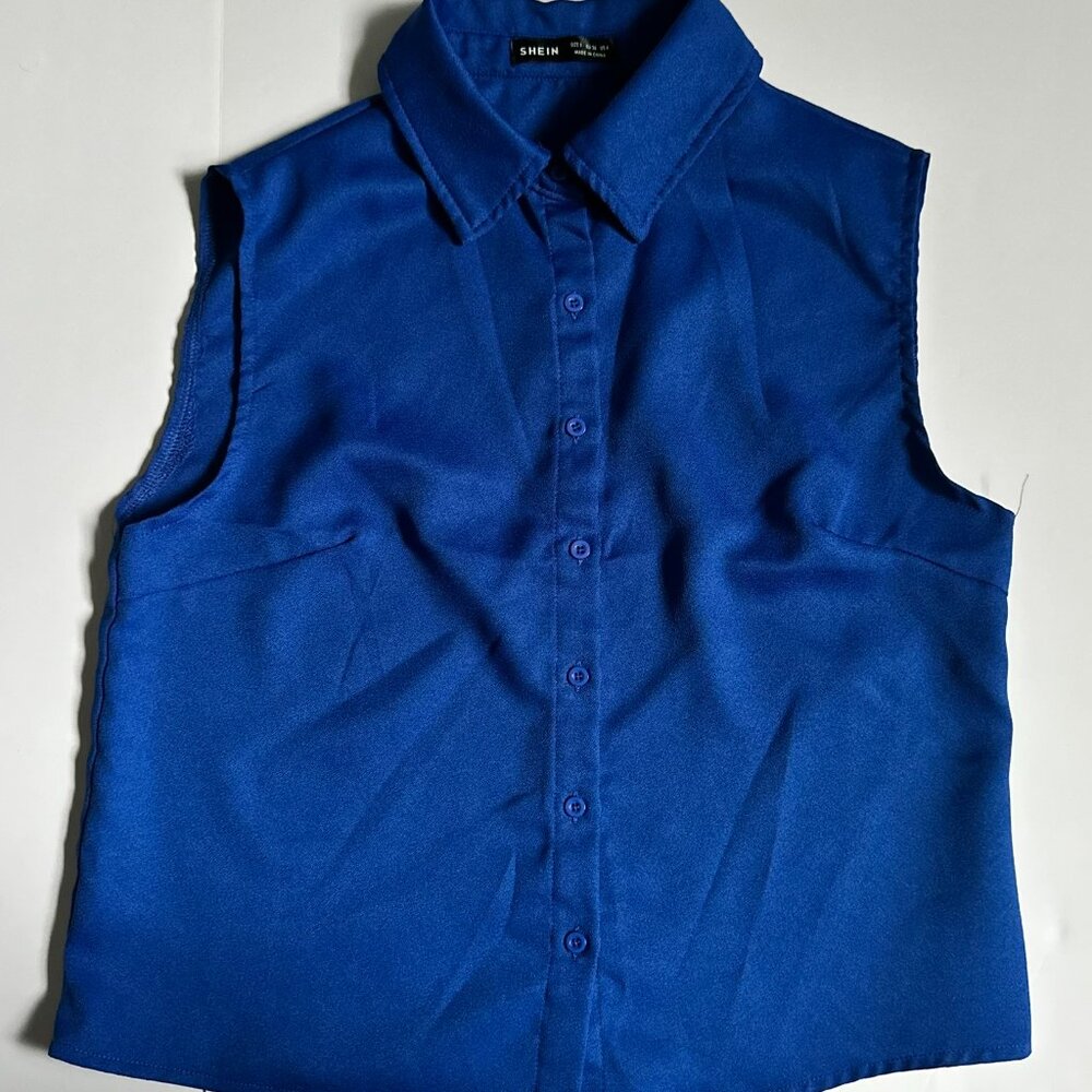 SHEIN Royal Blue Sleeveless Collared Button Down Shirt, Size S, NWOT